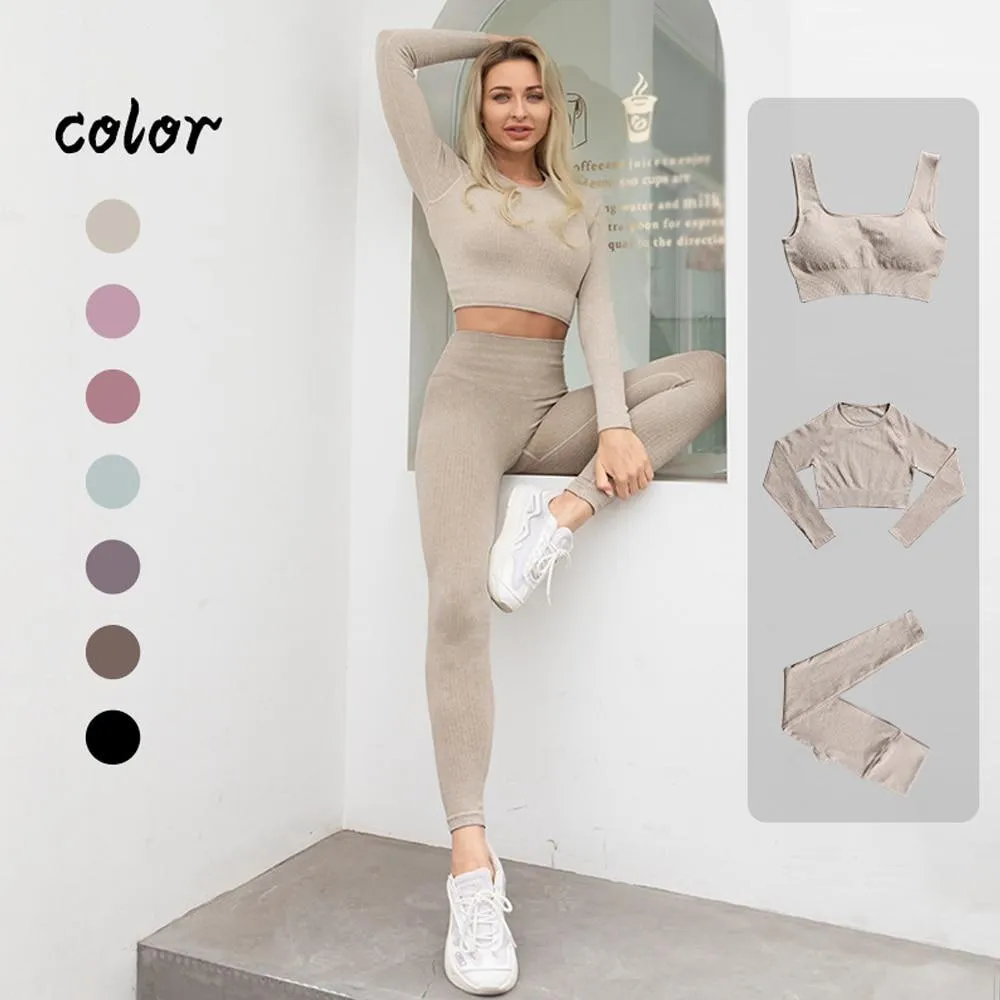 Seamless Gym Yoga Set Women Sports Bra Crop Top Long Sleeve Yoga Suit Leggings Women Gym Clothing Female High Waist Yoga Pants