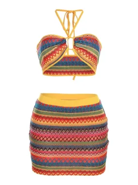 Sexy Halter Bandage Wrapped Swimwear Crop Top Striped  Hip Skirts Colorful  Women Set