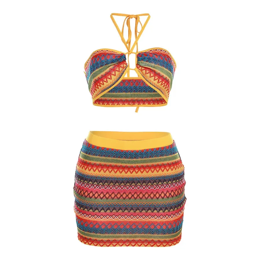 Sexy Halter Bandage Wrapped Swimwear Crop Top Striped  Hip Skirts Colorful  Women Set