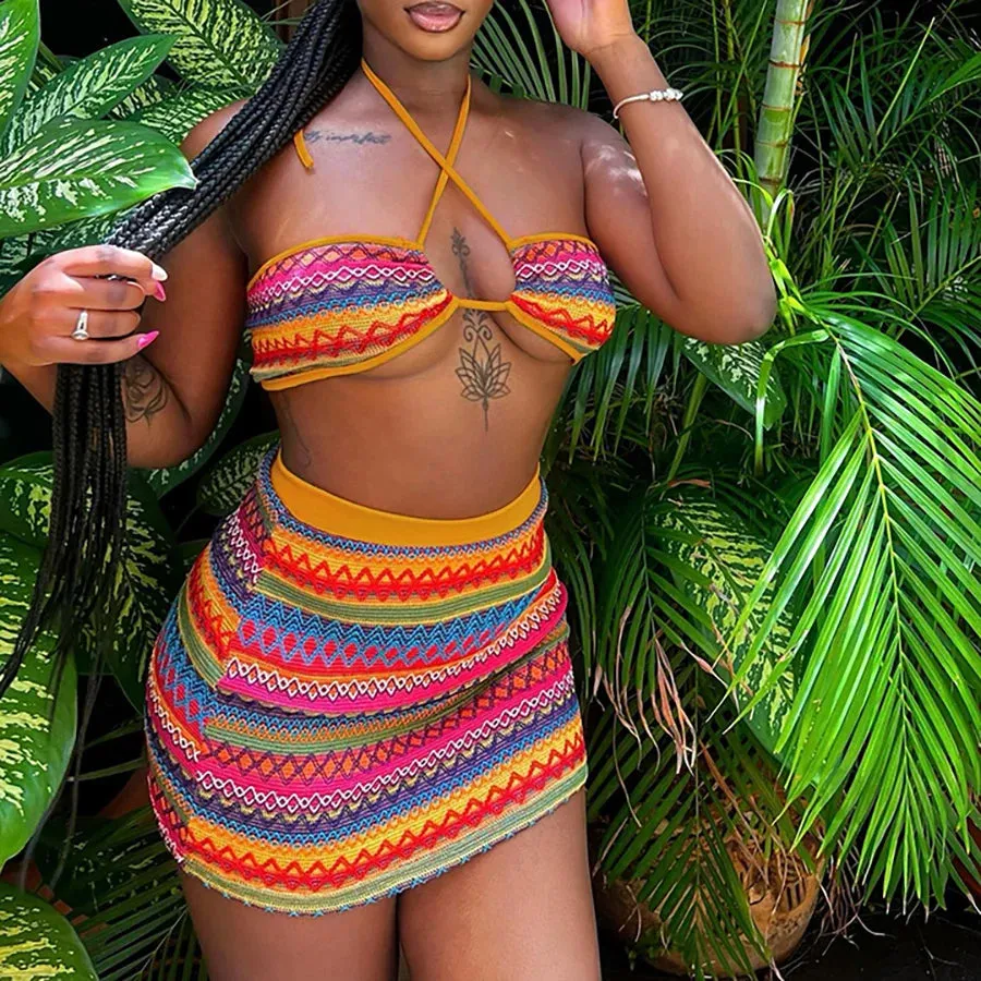 Sexy Halter Bandage Wrapped Swimwear Crop Top Striped  Hip Skirts Colorful  Women Set