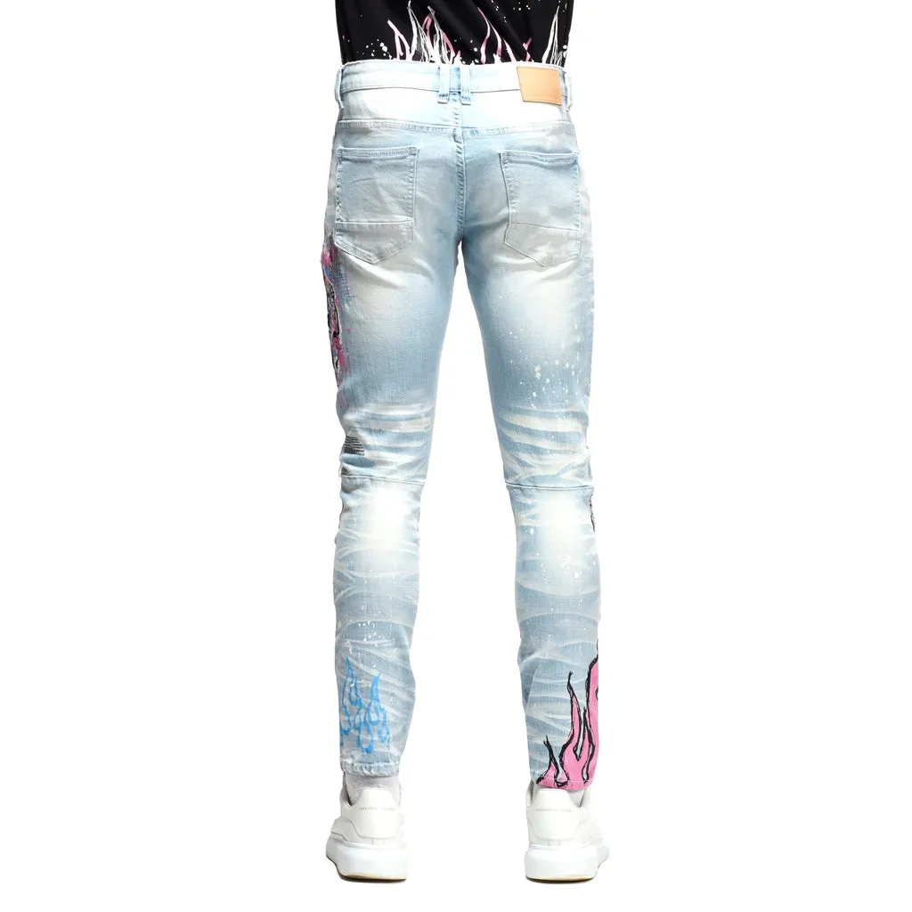 Skull & Flame Graphic Denim -Speckle Blue