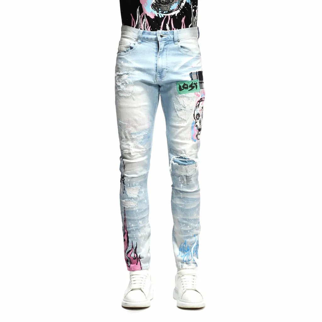 Skull & Flame Graphic Denim -Speckle Blue