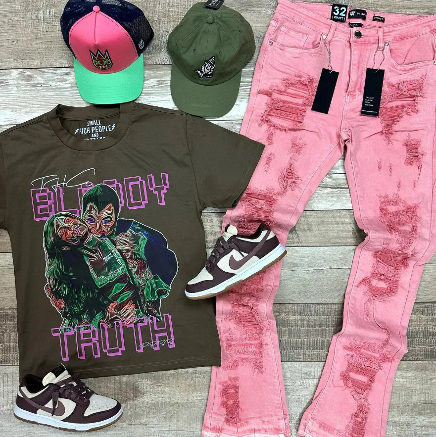 Solid Distressed Stacked Denim (Pink) /C?