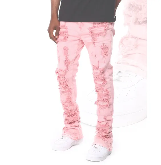 Solid Distressed Stacked Denim (Pink) /C?