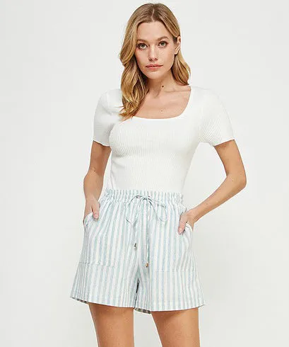 Stripe Linen Shorts - Soft Blue