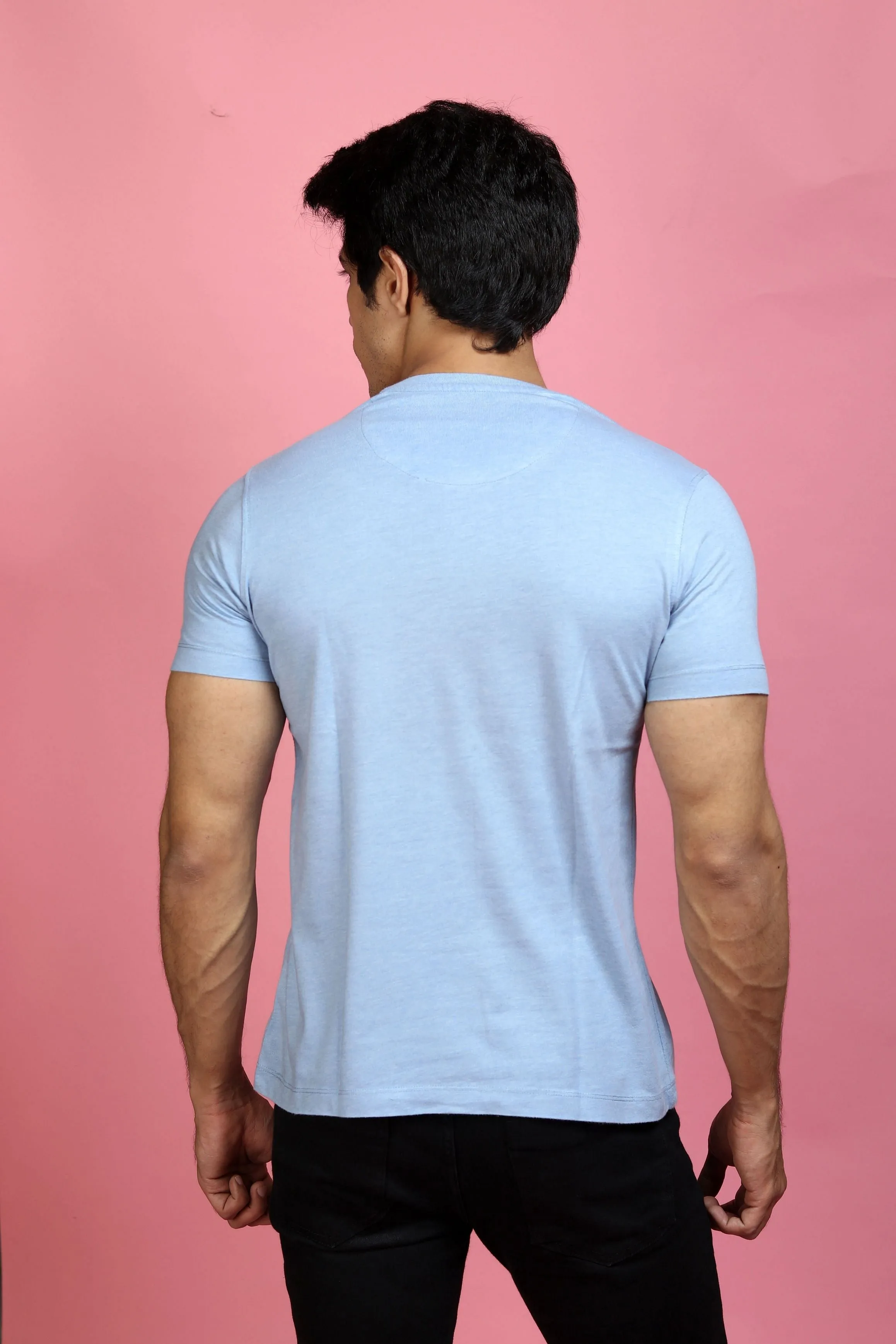 T-shirt - Men Sky Blue Solid Round Neck Pure Cotton