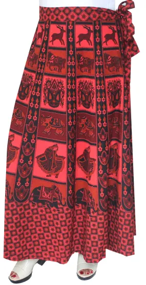 Womens Long Skirt Wrap Around Printed Cotton India Clothes (Red)