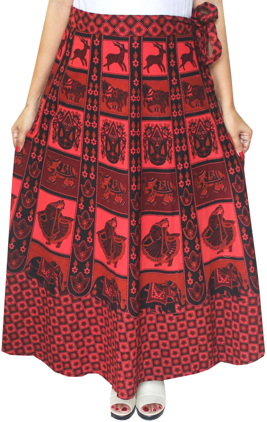 Womens Long Skirt Wrap Around Printed Cotton India Clothes (Red)