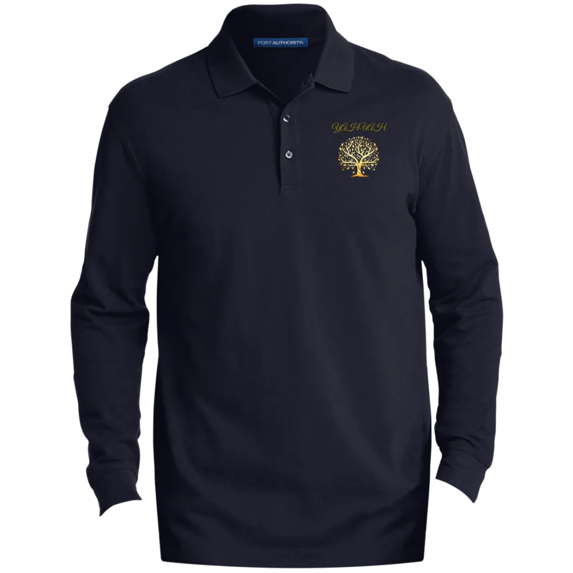 Yahuah-Tree of Life 01 Men's Designer EZCotton Long Sleeve Three Button Polo Shirt (Black/Navy Blue)